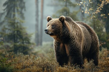Obraz premium animal, bear, forest, mammal, nature, wildlife, big, brown bear, wild, background. close up to big brown bear walking in rainforest with thin fog. dangerous animal in nature forest and meadow habitat.
