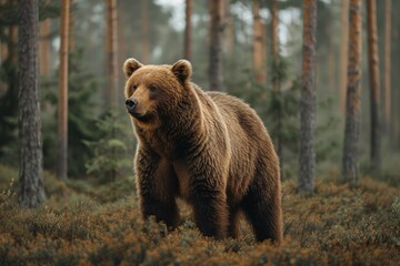 Fototapeta premium animal, bear, forest, mammal, nature, wildlife, big, brown bear, wild, background. close up to big brown bear walking in rainforest with thin fog. dangerous animal in nature forest and meadow habitat.