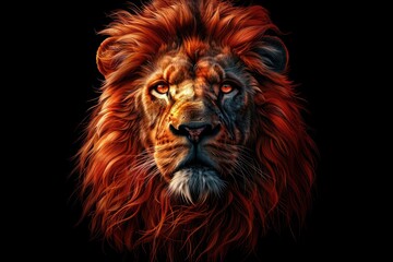 Fototapeta premium animal, nature, predator, wild, wildlife, ai, background, hunter, jungle, abstract. close up portrait of lion in dramatic against black background with enigmatic intense expression via Gen AI.