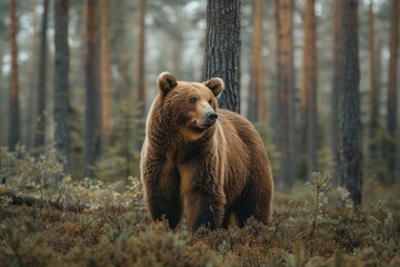 Fototapeta premium animal, bear, forest, mammal, nature, wildlife, big, brown bear, wild, background. close up to big brown bear walking in rainforest with thin fog. dangerous animal in nature forest and meadow habitat.