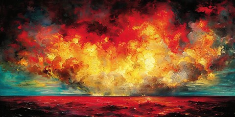 Obraz na płótnie Canvas Surreal Firestorm over Ocean, Intense and Fiery Sky Reflecting on Turbulent Waters, Vivid Apocalypse Scenery