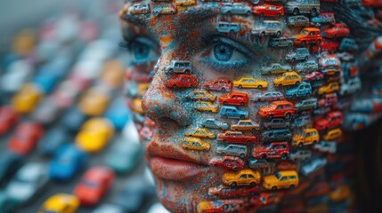  a close up of a person's face with a lot of cars painted on it's face and the image of a woman's face is made out of cars. - obrazy, fototapety, plakaty