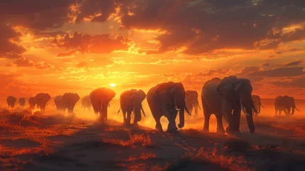 Fotobehang animal, elephant, mammal, sky, sunset, wild, background, wildlife, nature, field. herd of elephants walking across a dry grass field sunset with the sun in the background and a few trees in foreground © sornthanashatr