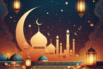 islamic background with golden lamp lantern with crescent and mosque, ramadan holiday.