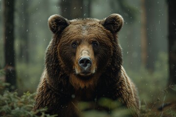 Obraz premium animal, bear, forest, mammal, nature, wildlife, big, brown bear, wild, background. close up to big brown bear walking in autumn forest with red maple. dangerous animal in nature forest, meadow habitat