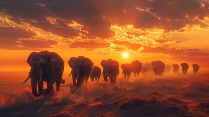 Fototapeta premium animal, elephant, mammal, sky, sunset, wild, background, wildlife, nature, field. herd of elephants walking across a dry grass field sunset with the sun in the background and a few trees in foreground