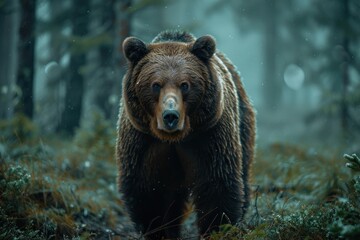 Fototapeta premium animal, bear, forest, mammal, nature, wildlife, big, brown bear, wild, background. close up to big brown bear walking in autumn forest with red maple. dangerous animal in nature forest, meadow habitat