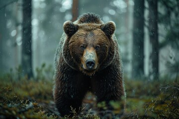 Fototapeta premium animal, bear, forest, mammal, nature, wildlife, big, brown bear, wild, background. close up to big brown bear walking in autumn forest with red maple. dangerous animal in nature forest, meadow habitat
