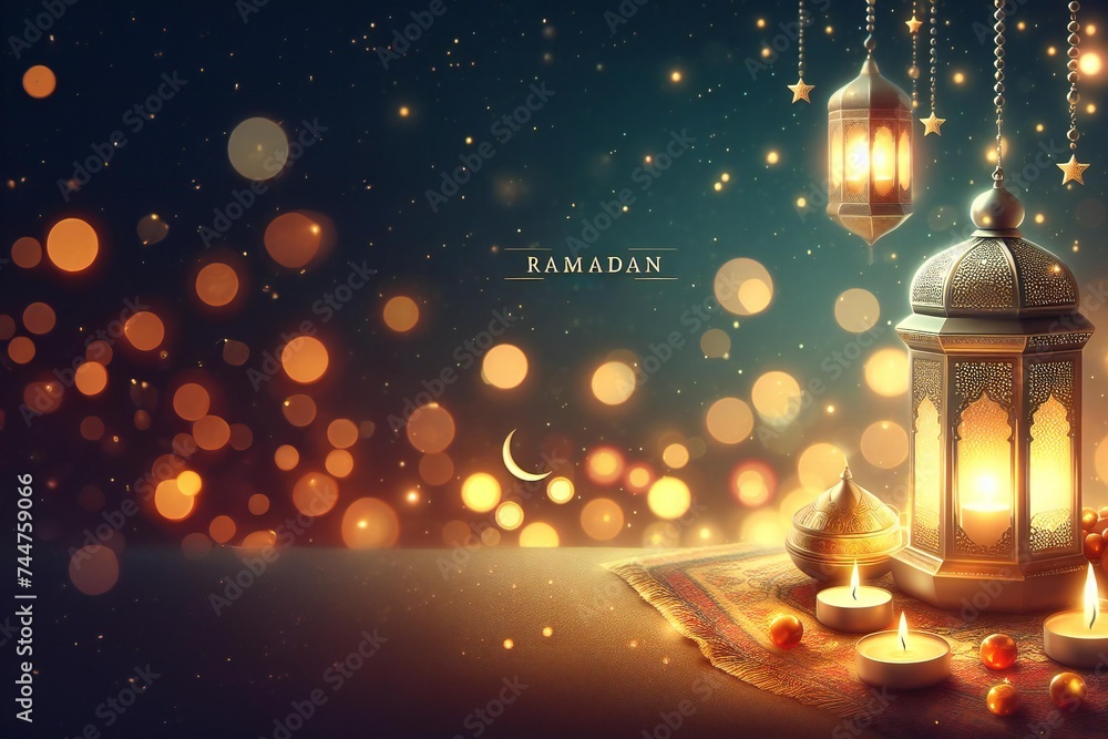 Wall mural ramadan kareem. crescent and stars islamic lantern for eid mubarak greeting cover card. - Wall murals