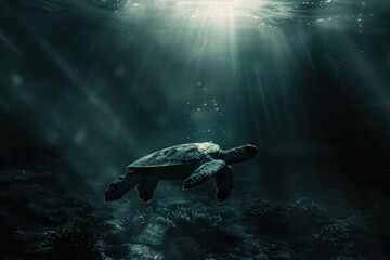 Obraz premium turtle, nature, underwater, water, animal, swimming, reef, sea turtle, tortoise, aquatic. close up ancient sea turtle, portrait of mystery sea turtle swimming underwater with sunshine via ai generate.