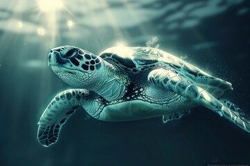 Fototapeta premium turtle, nature, underwater, water, animal, swimming, reef, sea turtle, tortoise, aquatic. close up ancient sea turtle, portrait of mystery sea turtle swimming underwater with sunshine via ai generate.