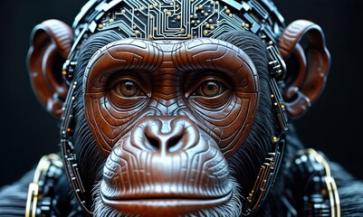 Unique artwork featuring a chimp made of tech gadgets