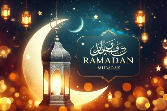 ramadan kareem. mosque with crescent and stars islamic lantern for eid mubarak greeting cover card.
