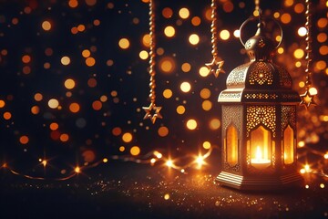 Fototapeta na wymiar Glowing ramadan lantern with crescent. Islamic greeting cards for muslim holidays and ramadan. Banner template for celebration ramadan.