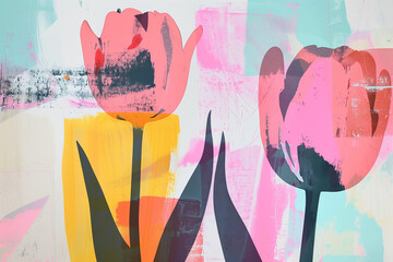 Blossoming tulips - Flat printmaking composition with pastel colours II