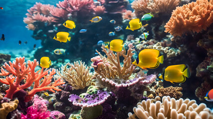 Underwater view of coral reef with tropical fish and corals.