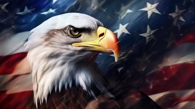 Majestic bald eagle with American flag in background. Perfect for patriotic themes.