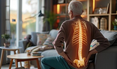Obraz premium Highlighted spine of senior man with back pain at home. Photo with copy space. Back pain theme.