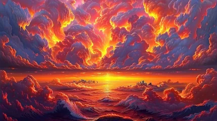 Poster Dramatic vibrant sunrise over a turbulent sea with fiery clouds, evoking powerful emotions and the beauty of nature's fury © Ross