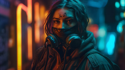 Fototapeta premium a woman dressed in gas mask and glowing neon lights against a background