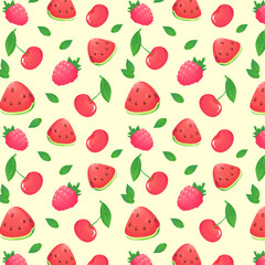 Pattern of fruits and berries: strawberries, raspberries, cherries, watermelon, apple and peach.