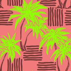 Tropical seamless vector pattern with palm leaves and tree. Holiday vocation theme for fabric print, textile design, fashion party invitation, luxury life style. Hand drawn cartoon line illustration.