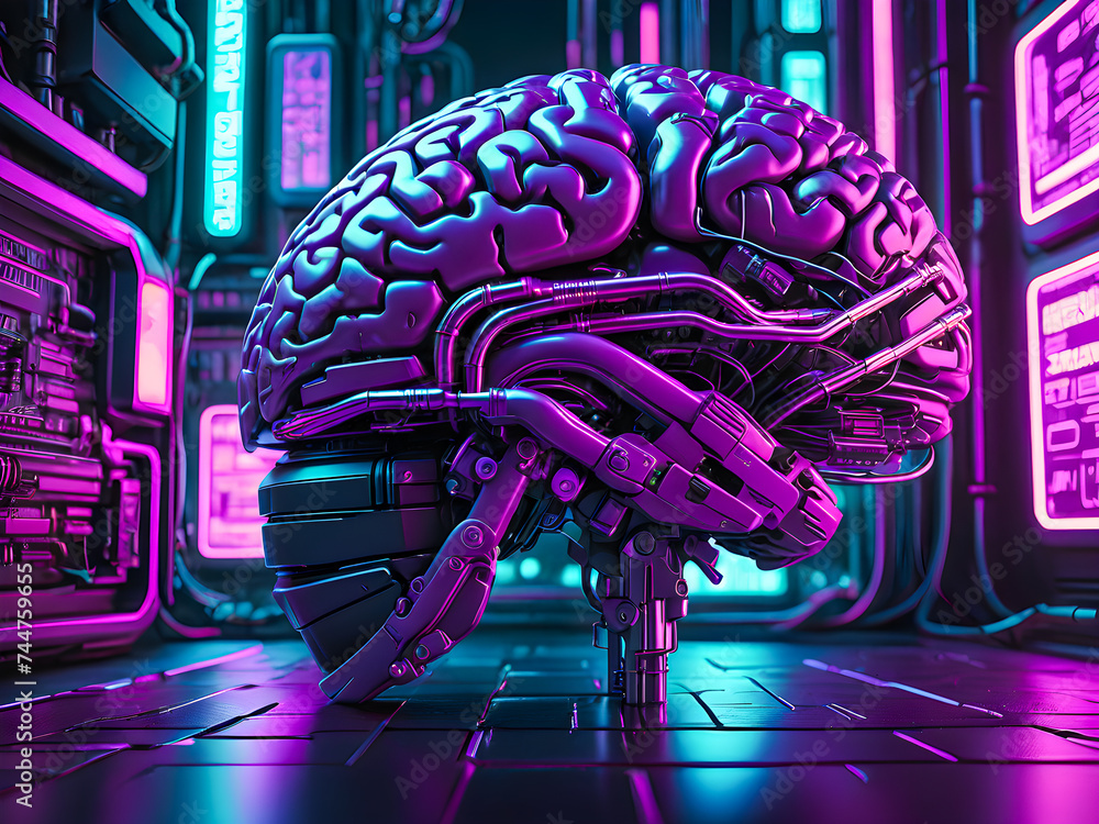Poster 3d rendering of a robot brain in a cyber space with neon lights