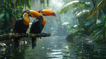 Deurstickers bird, wild, wildlife, forest, hornbill, nature, tropical, animal, couple, feather. hornbill with two lovely colorful toucan feathered creatures in a rainforest. couple of hornbill feathered on a tree. © Day Of Victory Stu.
