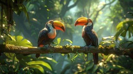 Küchenrückwand glas motiv bird, wild, wildlife, forest, hornbill, nature, tropical, animal, couple, feather. hornbill with two lovely colorful toucan feathered creatures in a rainforest. couple of hornbill feathered on a tree. © Day Of Victory Stu.