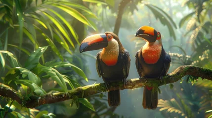 Deurstickers bird, wild, wildlife, forest, hornbill, nature, tropical, animal, couple, feather. hornbill with two lovely colorful toucan feathered creatures in a rainforest. couple of hornbill feathered on a tree. © Day Of Victory Stu.