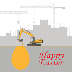 Happy Easter concept. An excavator digs up an Easter egg.