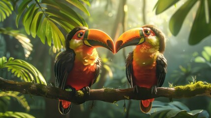 bird, wild, wildlife, forest, hornbill, nature, tropical, animal, couple, feather. hornbill with two lovely colorful toucan feathered creatures in a rainforest. couple of hornbill feathered on a tree.