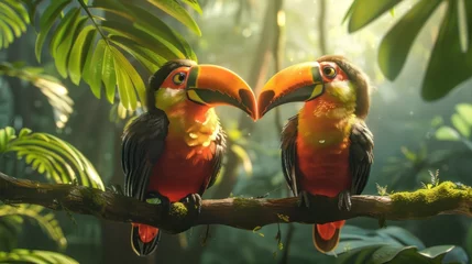 Fotobehang bird, wild, wildlife, forest, hornbill, nature, tropical, animal, couple, feather. hornbill with two lovely colorful toucan feathered creatures in a rainforest. couple of hornbill feathered on a tree. © Day Of Victory Stu.