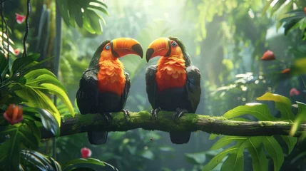 Papier Peint photo Toucan bird, wild, wildlife, forest, hornbill, nature, tropical, animal, couple, feather. hornbill with two lovely colorful toucan feathered creatures in a rainforest. couple of hornbill feathered on a tree.