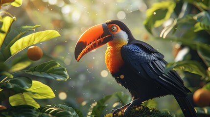 Naklejka premium bird, wild, wildlife, forest, hornbill, nature, tropical, animal, couple, feather. hornbill with colorful feathered creatures in a rainforest. hornbill feathered with tropical plants in background.