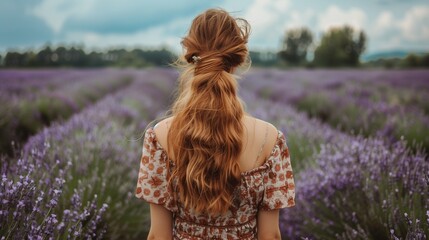 The girl with long red wavy hair is standing with her back to the camera in the lavender field. 