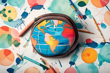 A clean and modern pencil case with a colorful, abstract illustration of a globe on the cover