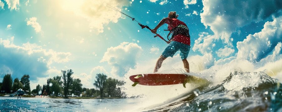 A daring man defies gravity and glides across the water's surface, soaring through the sky as he conquers the thrilling sport of wakeboarding.