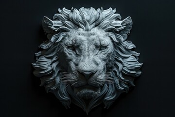 animal, nature, predator, wild, wildlife, ai, background, hunter, jungle, abstract. close up statue portrait of lion in dramatic against black background with enigmatic intense expression via Gen AI.