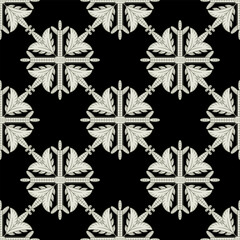 Seamless geometrical pattern with square floral mandalas. Square white mandalas on black background.