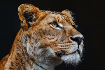 Obraz premium portrait of tiger in dramatic against black background with enigmatic intense expression via Gen AI.