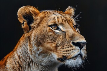 Obraz premium portrait of tiger in dramatic against black background with enigmatic intense expression via Gen AI.