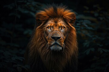 Obraz premium animal, nature, predator, wild, wildlife, ai, background, hunter, jungle, abstract. close up portrait of lion in dramatic against black background with enigmatic intense expression via Gen AI.