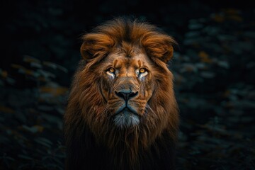 Fototapeta premium animal, nature, predator, wild, wildlife, ai, background, hunter, jungle, abstract. close up portrait of lion in dramatic against black background with enigmatic intense expression via Gen AI.