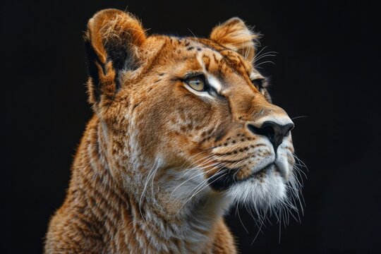 portrait of tiger in dramatic against black background with enigmatic intense expression via Gen AI.