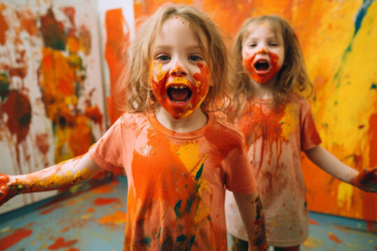 Children smeared with paints in an art school paint pictures