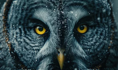Poster bird, owl, animal, closeup, eye, portrait, nature, wild, wildlife, background. close up portrait of completely white beautiful colorful owl with colorful feathers and eye yellow generated via AI. © Day Of Victory Stu.