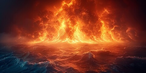 Surreal Oceanic Firestorm with Flames Twisting in a Fierce Swirl Over the Sea - obrazy, fototapety, plakaty