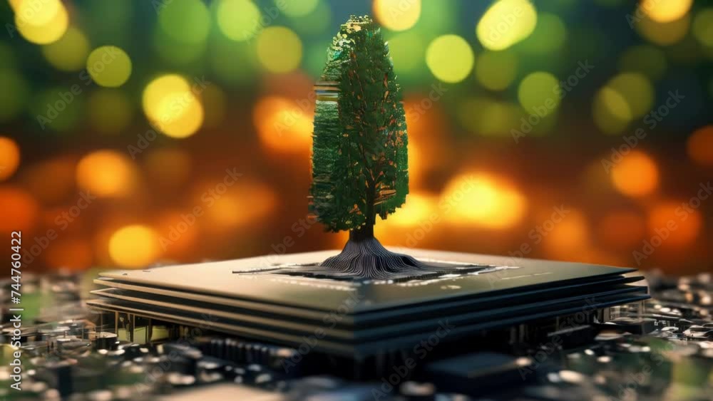 Poster Model of a tree placed on top of a circuit board, suitable for technology and nature concepts.