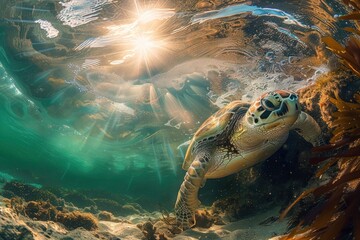 turtle, nature, underwater, water, animal, swimming, reef, sea turtle, tortoise, aquatic. close up to green sea turtle, portrait of happy sea turtle swimming underwater with sunshine via ai generated.